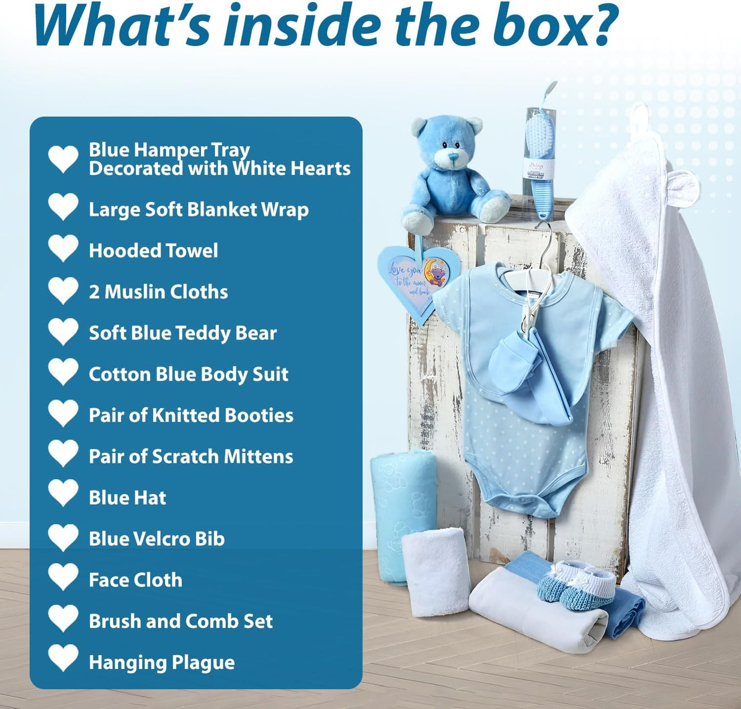 Cesta para Bebê Menino – Conjunto de 17 peças para recém-nascido com pelúcia | Ideal para chás de bebê, revelação de gênero e presente de batizado