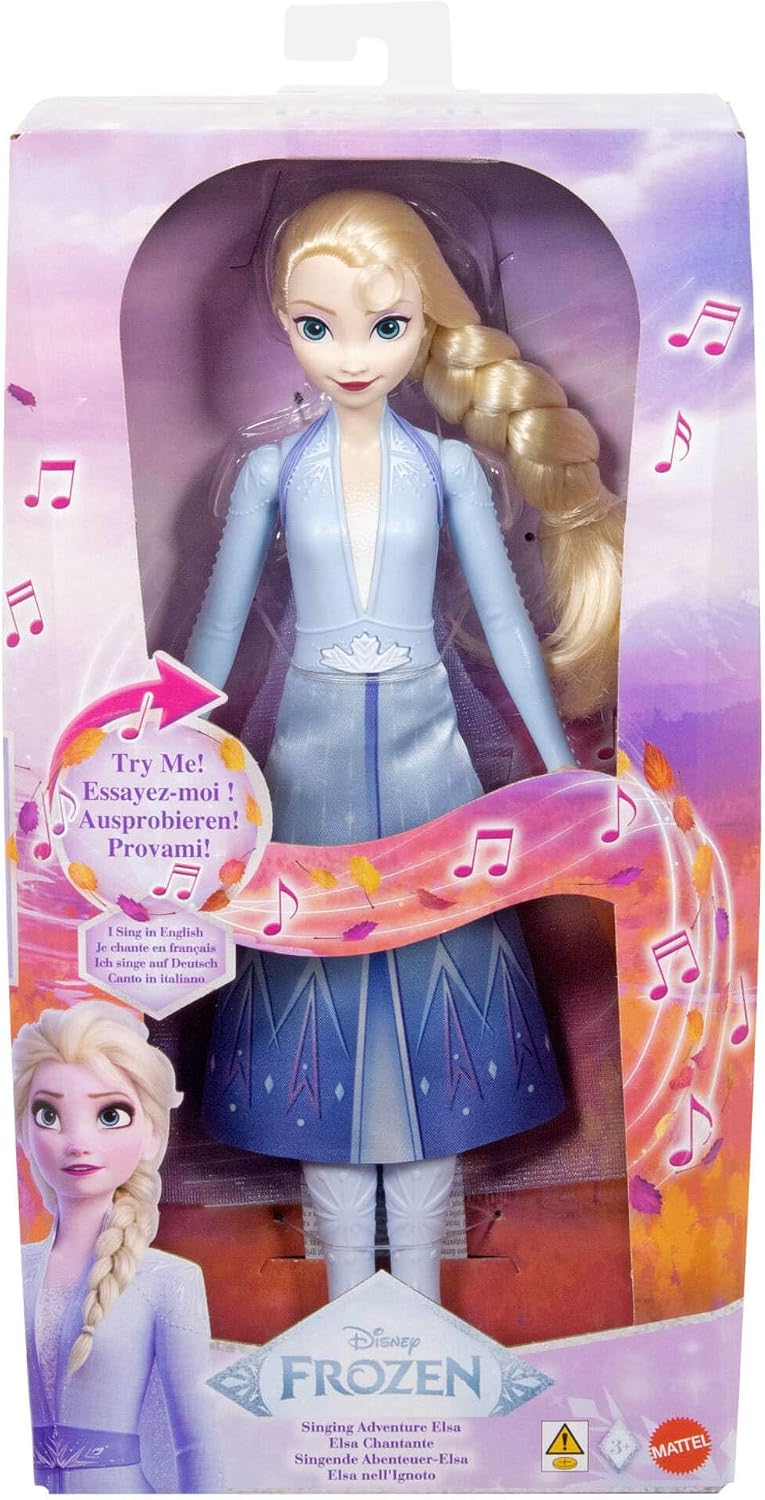 Mattel Boneca Disney Frozen Elsa Cantante com Traje Clássico; canta "Into the Unknown" em 4 idiomas (inglês, francês, alemão e italiano) do filme Disney Frozen 2 – JDL60