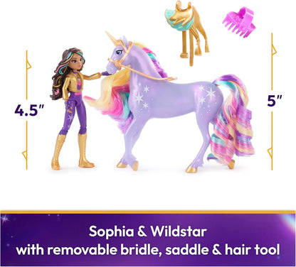 Unicorn Academy Conjunto Sophia & Wildstar com 2 acessórios de montaria e ferramenta de penteado, bonecas e brinquedos de unicórnio para meninas a partir de 4 anos.