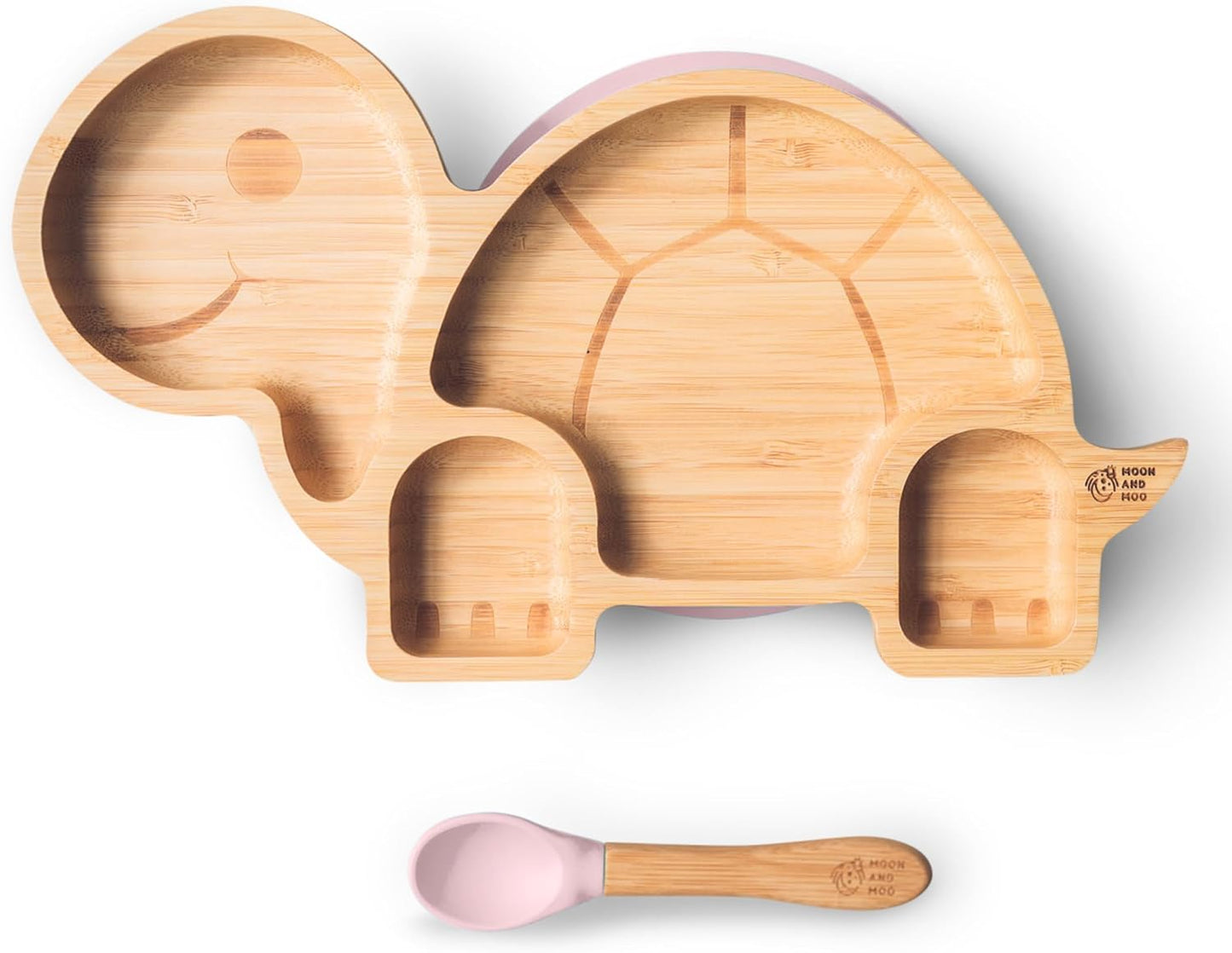 Juego de cuchara y plato de succión de bambú Moon and Moo Turtle para niños, niños pequeños y destete del bebé - No tóxico - Sin plástico - Permanece en su lugar - Plato de succión para bebé - Juego de destete para bebé (gris)