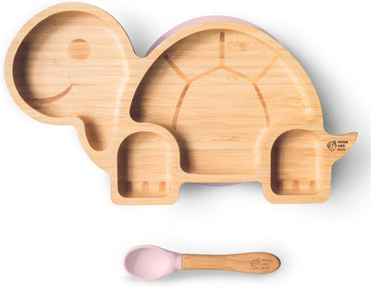 Juego de cuchara y plato de succión de bambú Moon and Moo Turtle para niños, niños pequeños y destete del bebé - No tóxico - Sin plástico - Permanece en su lugar - Plato de succión para bebé - Juego de destete para bebé (gris)