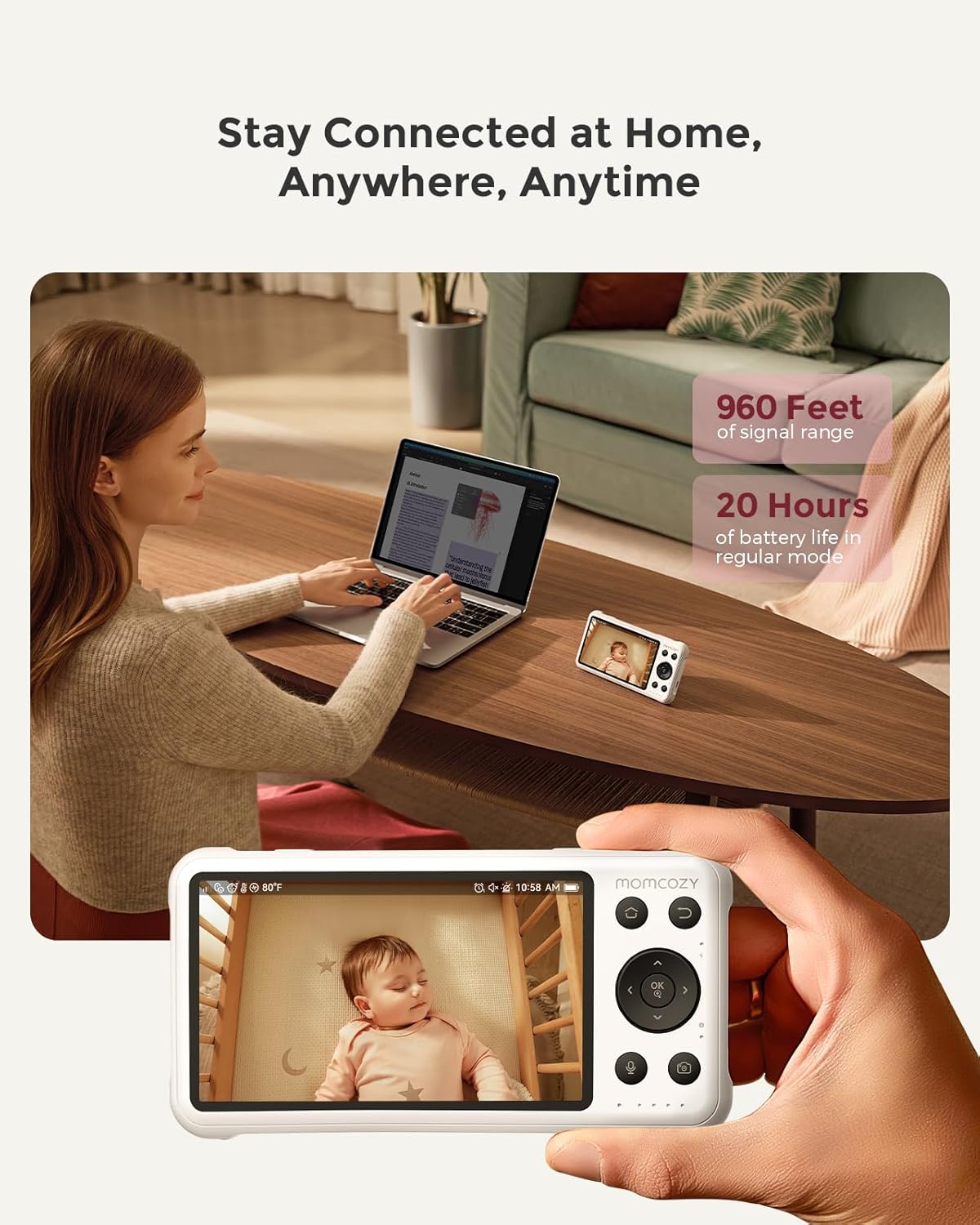 momcozy Babá Eletrônica Inteligente com Wi-Fi – Tela HD 1080p, Alertas de Movimento e Choro, Visão Noturna, Zona Segura e Monitoramento de Temperatura, Comunicação Bidirecional, Acesso ao Aplicativo e à Unidade dos Pais, Pode Ser Montada na Parede