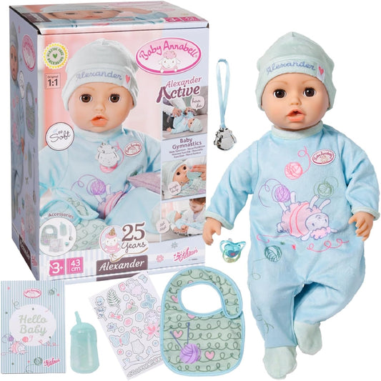 Baby Annabell Boneca Active Alexander 709924-43cm com corpo macio e fofinho, características e sons realistas - Roupas e acessórios - Requer 3 pilhas AAA (não incluídas) - Para crianças a partir de 3 anos
