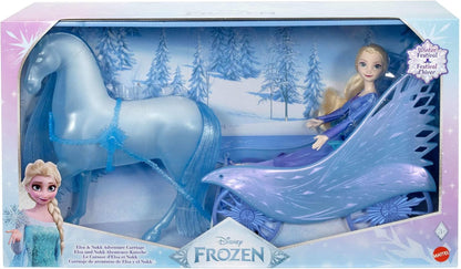Mattel Boneca Disney Frozen Elsa com Vestido e Sapatos Removíveis, Cavalo Mítico Nokk e Carruagem de Aventura, Inspirada em Frozen: Winter Festival, JBG56