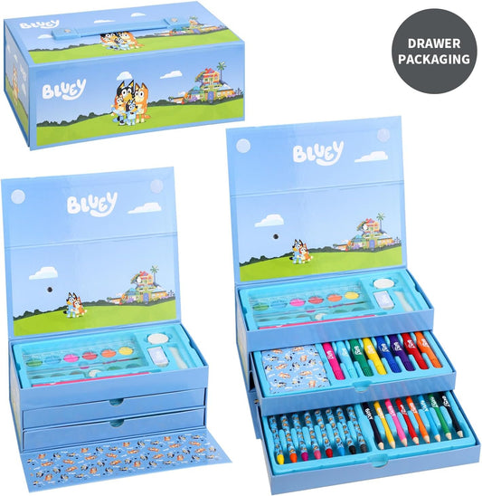 Bluey Juego de papelería para colorear para niños, 52 piezas, rotuladores, crayones y lápices, juego de viaje para niños