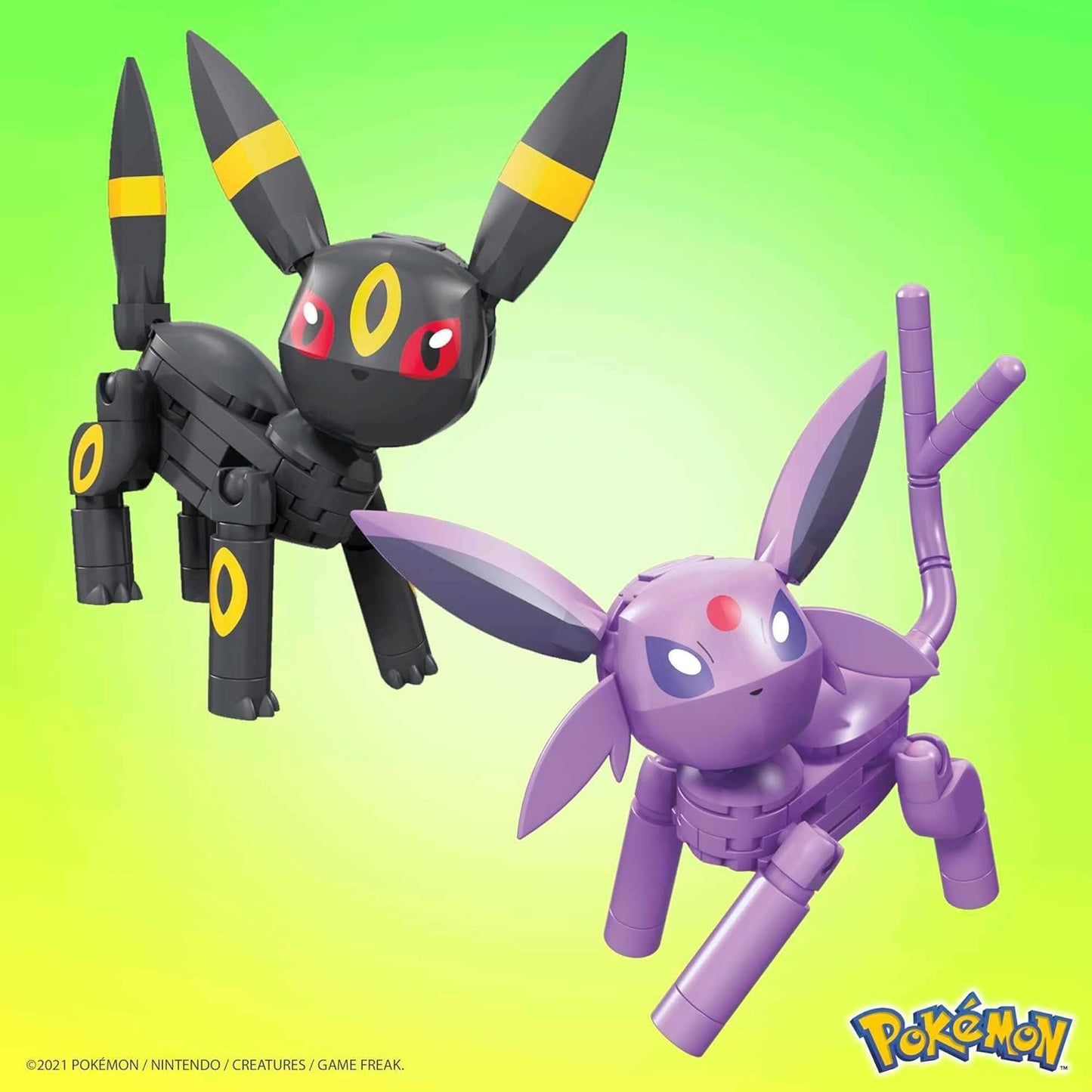 Mega Conjunto de construção Construx Pokémon Umbreon & Espeon - Figuras edificáveis e posicionáveis - Glow-In-The-Dark Moon - 122 peças - 5" h - Presente para crianças a partir de 6 anos - HGC21