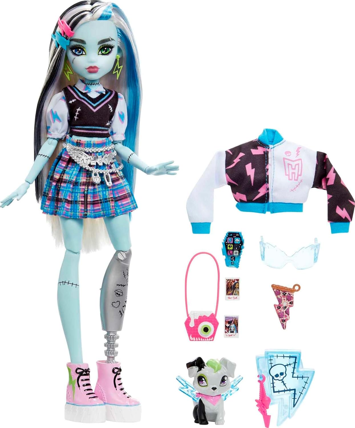 Muñeca Monster High Frankie Stein, muñeca Frankenstein moderna con pelo blanco y negro, juguete para perro Watzie y accesorios para muñecas, juguetes para mayores de 4 años, una muñeca, HHK53