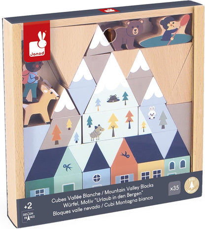 Janod - Conjunto de 34 cubos de madeira maciça - Tema Montanhas Nevadas - Complemento ideal para tapetes de carro - Brinquedo de construção - Desenvolve a imaginação - FSC Madeira