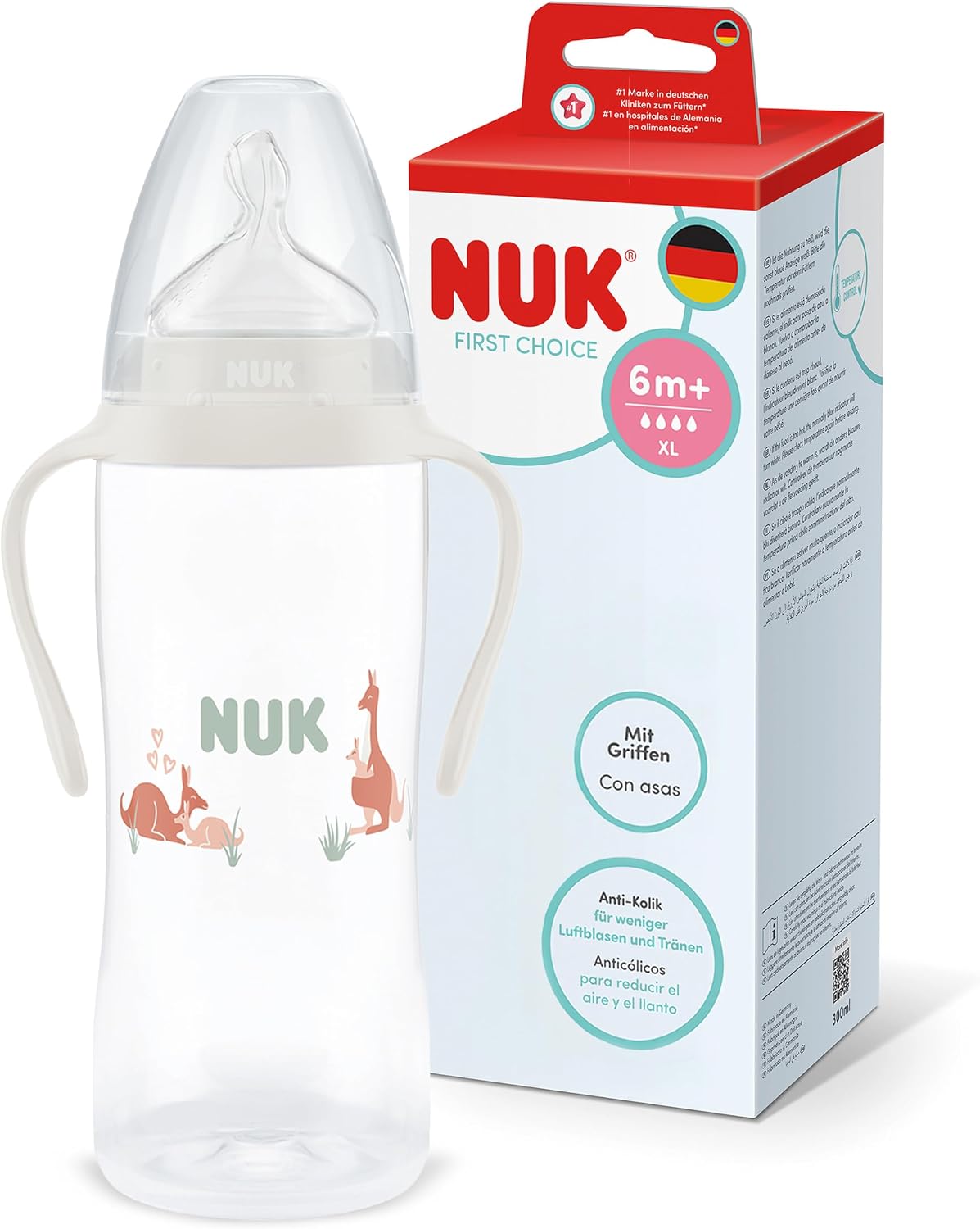 NUK Mamadeira First Choice | 6+ meses | 360 ml | Mamadeira anticólica | Polipropileno (PP) | Alças de fácil aderência | Canguru | 1 unidade