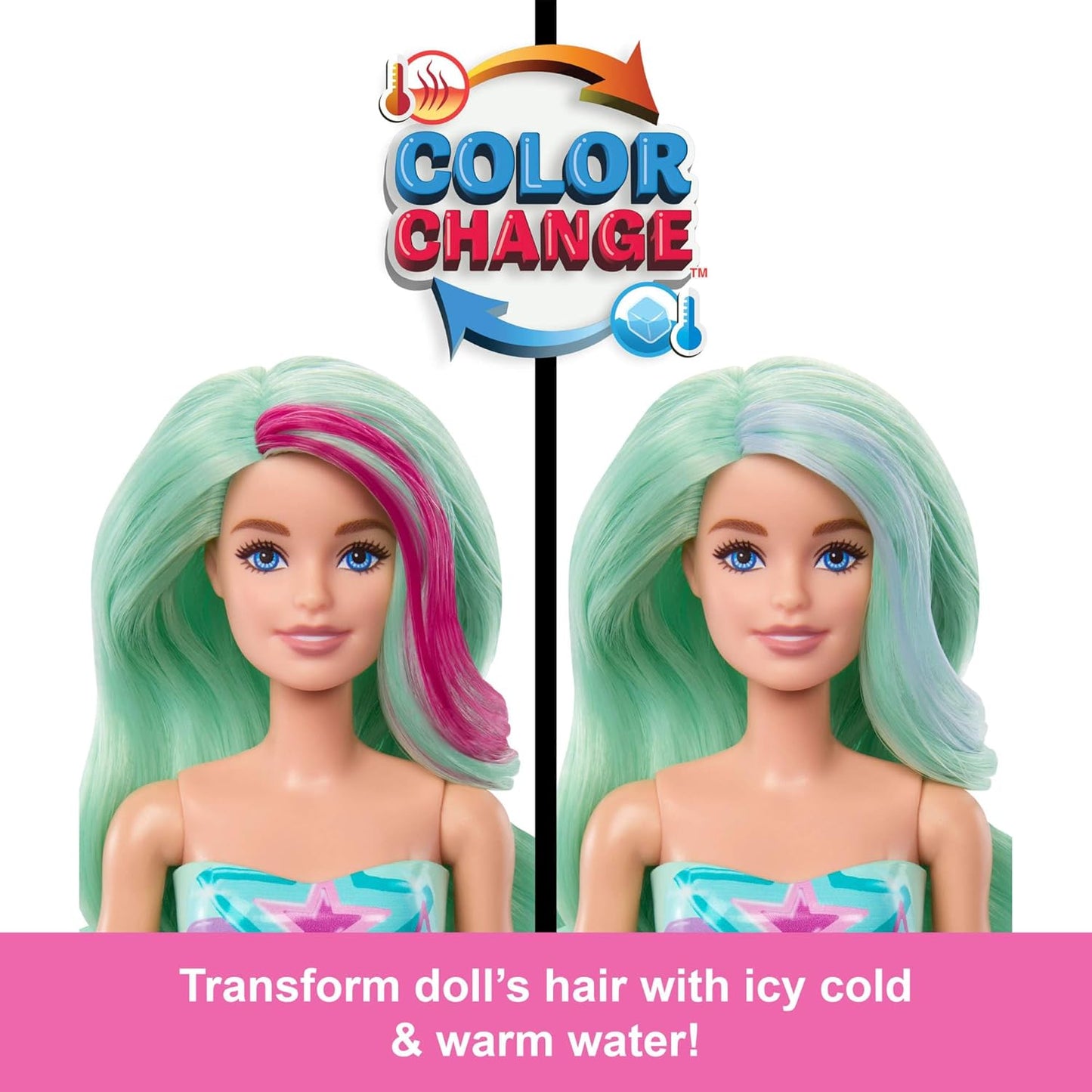 Barbie Boneca Color Reveal e acessórios com 6 surpresas de desempacotamento, série Mermaid com cabelo que muda de cor, HRK12