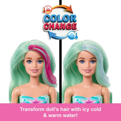 Barbie Boneca Color Reveal e acessórios com 6 surpresas de desempacotamento, série Mermaid com cabelo que muda de cor, HRK12