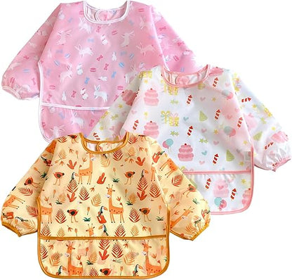 PandaEar Conjunto de 3 Babadores para Desmame com Mangas para Meninas | Babadores Impermeáveis de Manga Longa para Bebês de 6 a 24 Meses | Aventais de Alimentação para Bebês | Babador Completo Anti-Sujeira com Mangas