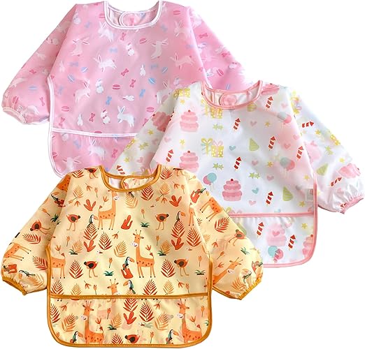 PandaEar Conjunto de 3 Babadores para Desmame com Mangas para Meninas | Babadores Impermeáveis de Manga Longa para Bebês de 6 a 24 Meses | Aventais de Alimentação para Bebês | Babador Completo Anti-Sujeira com Mangas