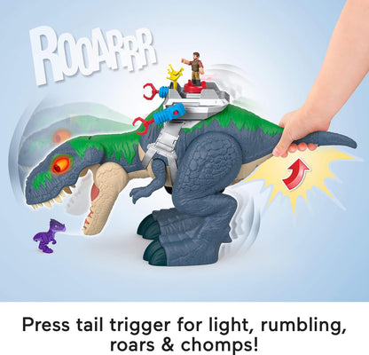 Fisher-Price Imaginext Jurassic World Rebirth Conjunto de Dinossauros, Brinquedo de Dinossauro T. rex Ultimate Action Chomp de 45 cm com Luzes, Sons, Movimento e 2 Figuras de Ação de 7,5 cm, JGR40