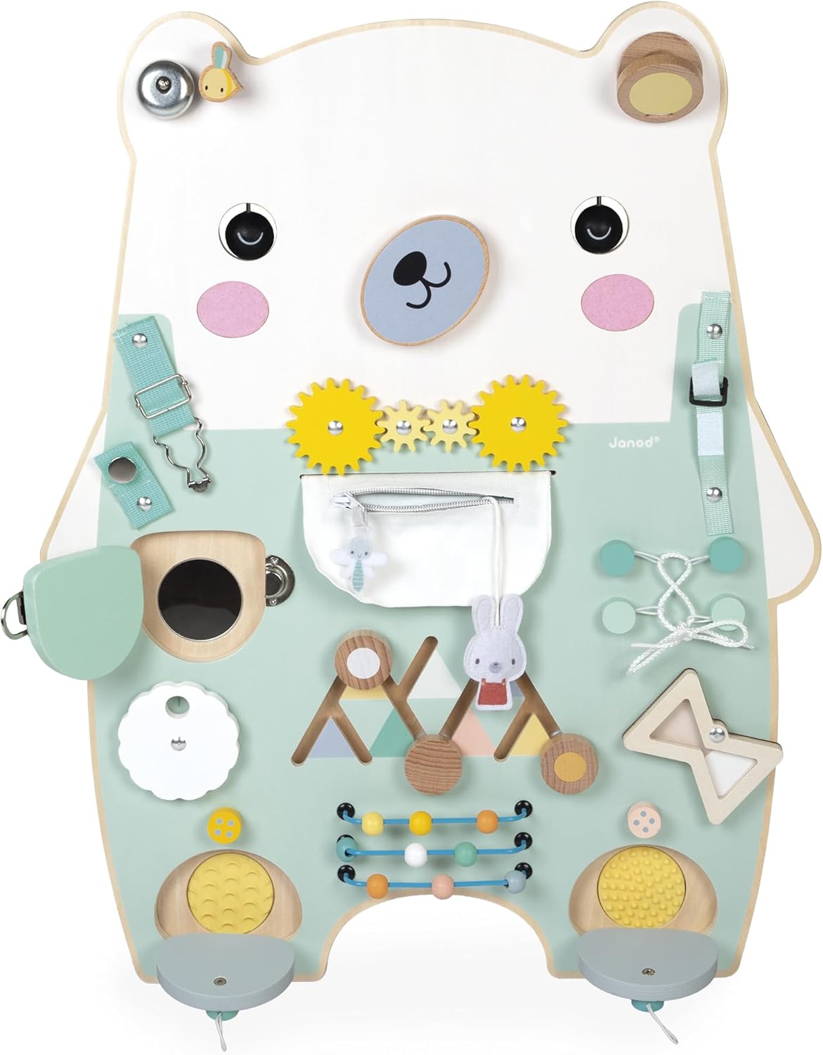 Janod - Busy Board Ourson - 20 atividades - Grande quadro de atividades de madeira - Ideal para desenvolvimento motor fino, curiosidade e destreza - Altura 60 cm - A partir de 18 meses, J05162