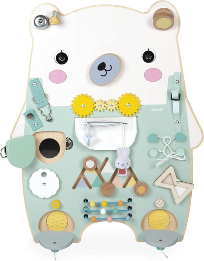 Janod - Busy Board Ourson - 20 atividades - Grande quadro de atividades de madeira - Ideal para desenvolvimento motor fino, curiosidade e destreza - Altura 60 cm - A partir de 18 meses, J05162