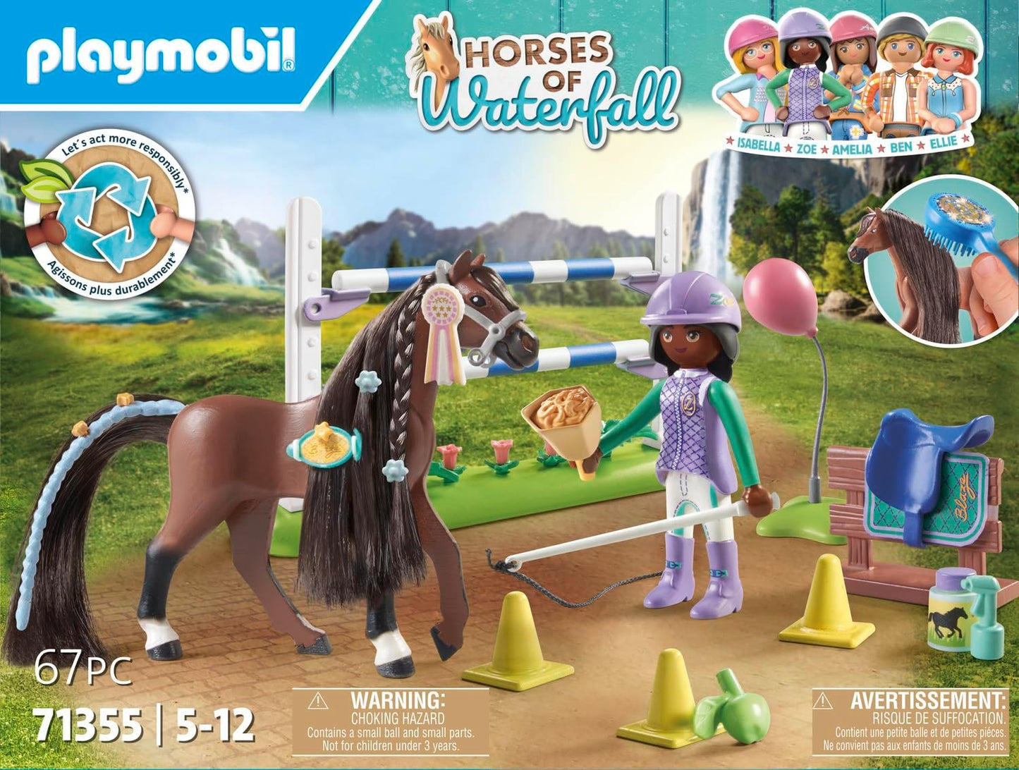 Playmobil 71355 Horses of Waterfall Jumping Arena com Zoe e Blaze, treinamento para o campeonato com recompensas, encenação divertida e imaginativa, conjuntos de jogos sustentáveis adequados para crianças a partir de 5 anos