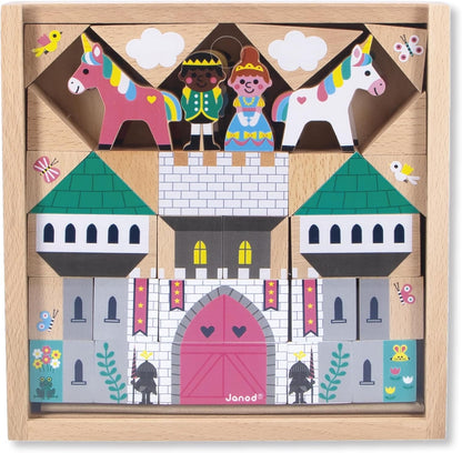 Janod - Conjunto de 35 cubos de madeira maciça - Tema Reino Encantado - Complemento ideal para tapetes de carro - Brinquedo de construção - Desenvolve a imaginação - Brinquedo de madeira FSCTM