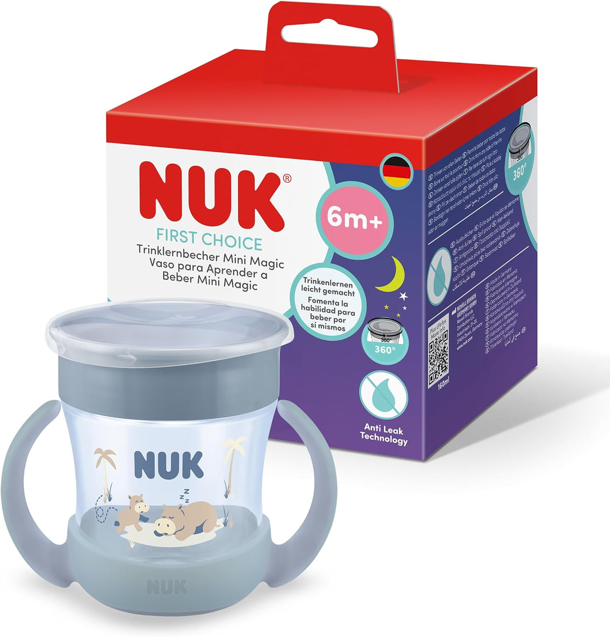 NUK Copo de Treinamento Mini Magic Cup Night | 6+ Meses | 160 ml | Borda 360° Antivazamento | Copo para Crianças Pequenas com Alças Antiderrapantes | Brilha no Escuro | Hipopótamo | 1 Unidade