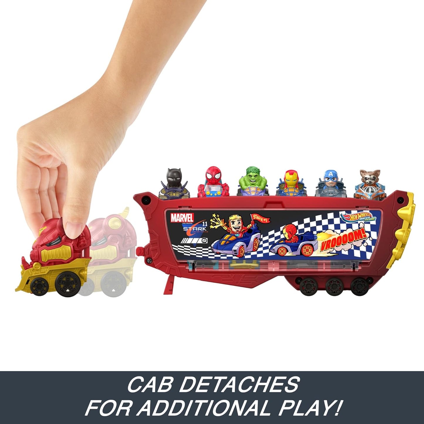Hot Wheels  RacerVerse Marvel Hulkbuster Hauler, transporte e armazene até 10 veículos de brinquedo, cabine removível com capacete rebatível e figura não removível, HRY02