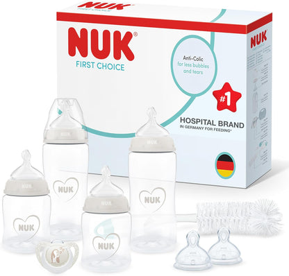 NUK Kit de Mamadeiras First Choice Perfect Start (Essenciais para Recém-nascidos) | 0-6 meses | 4 Mamadeiras Anticólicas (150 ml, 300 ml), 2 Bicos, 1 Chupeta, 1 Escova de Limpeza | Neutro | Conjunto com 8 peças