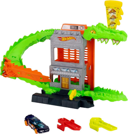 Hot Wheels Conjunto "Ataque da Pizza do Crocodilo" e carrinho em escala 1:64 | Lance os carrinhos pela pista para vencer o crocodilo inimigo e evitar ser devorado