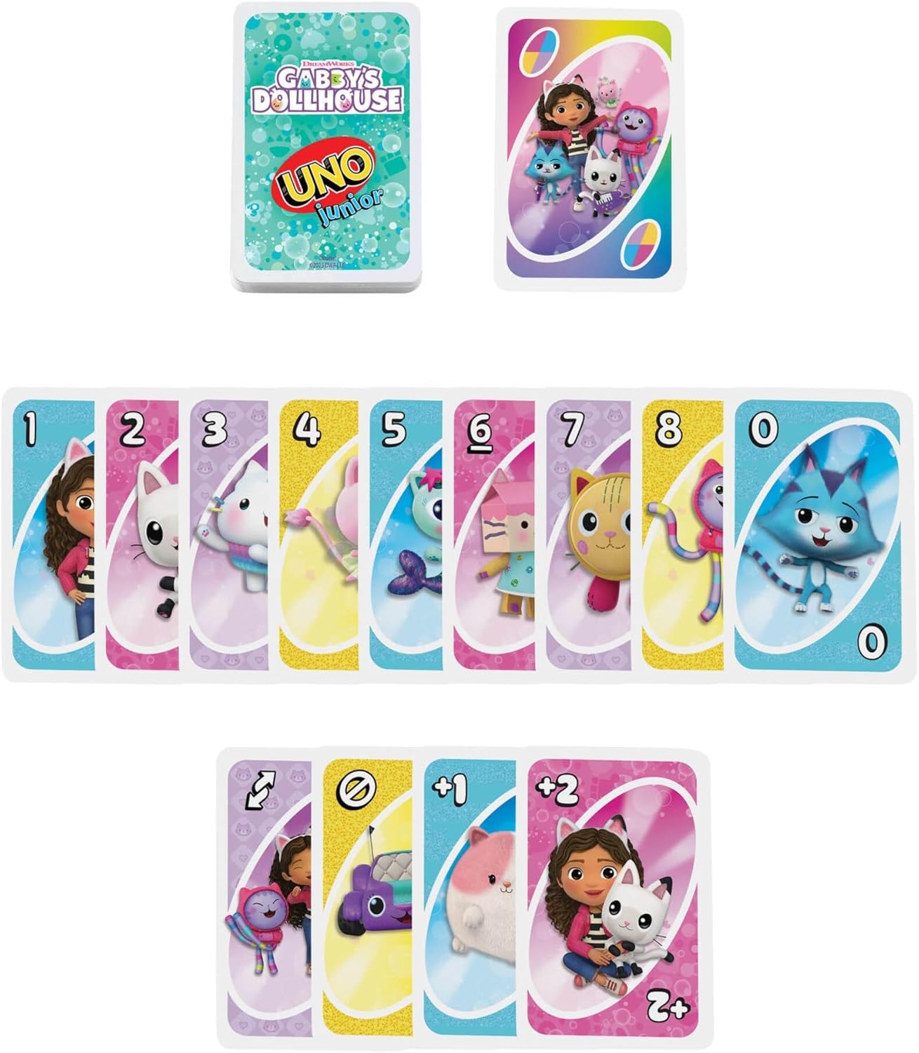 Mattel Games Jogo de cartas UNO Junior Gabby's Dollhouse da para festas infantis, noites em família, férias e viagens, JLH17