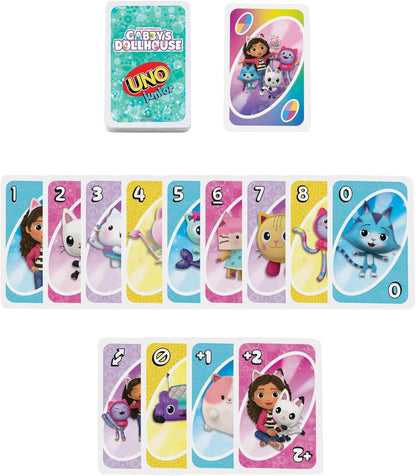 Mattel Games Jogo de cartas UNO Junior Gabby's Dollhouse da para festas infantis, noites em família, férias e viagens, JLH17