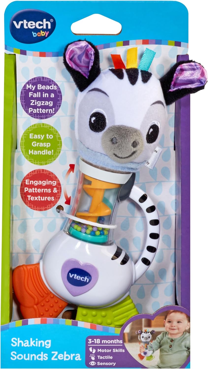 VTech Baby Shaking Sounds Zebra, Rainmaker Toy, Chocalho com cores brilhantes, padrões e texturas para brincadeiras sensoriais, presente para bebês de 3, 6, 9, 12 meses +, versão em inglês