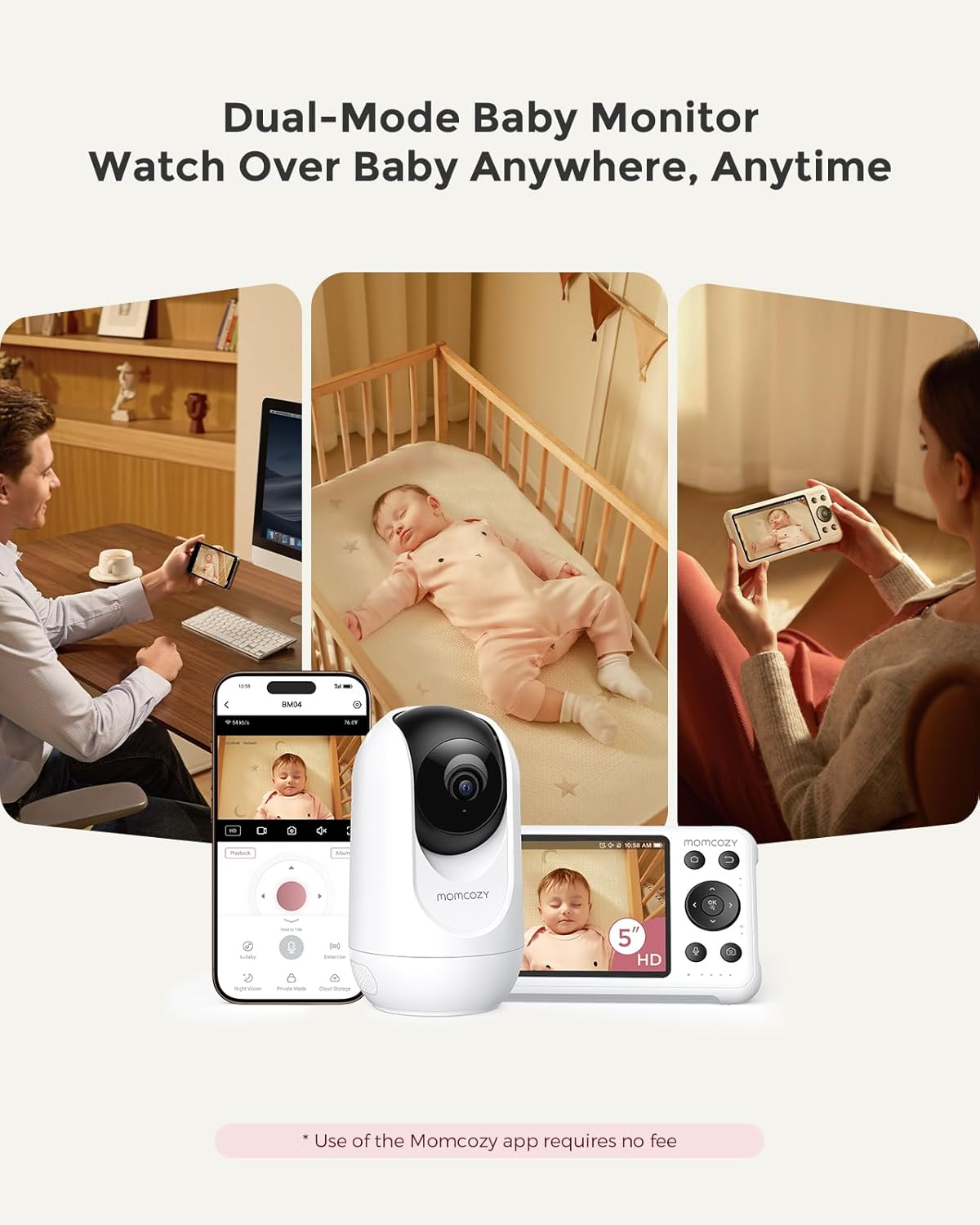 momcozy Babá Eletrônica Inteligente com Wi-Fi – Tela HD 1080p, Alertas de Movimento e Choro, Visão Noturna, Zona Segura e Monitoramento de Temperatura, Comunicação Bidirecional, Acesso ao Aplicativo e à Unidade dos Pais, Pode Ser Montada na Parede