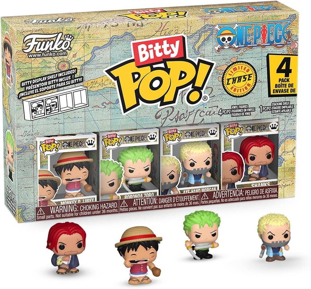Funko Bitty Pop! One Piece - Pacote com 4 Luffy - Probabilidade de 1/6 para uma variante rara de Chase e uma minifigura surpresa misteriosa - 2,2 cm (0,9 pol.) - Prateleira de exposição empilhável incluída - Ideia para presente