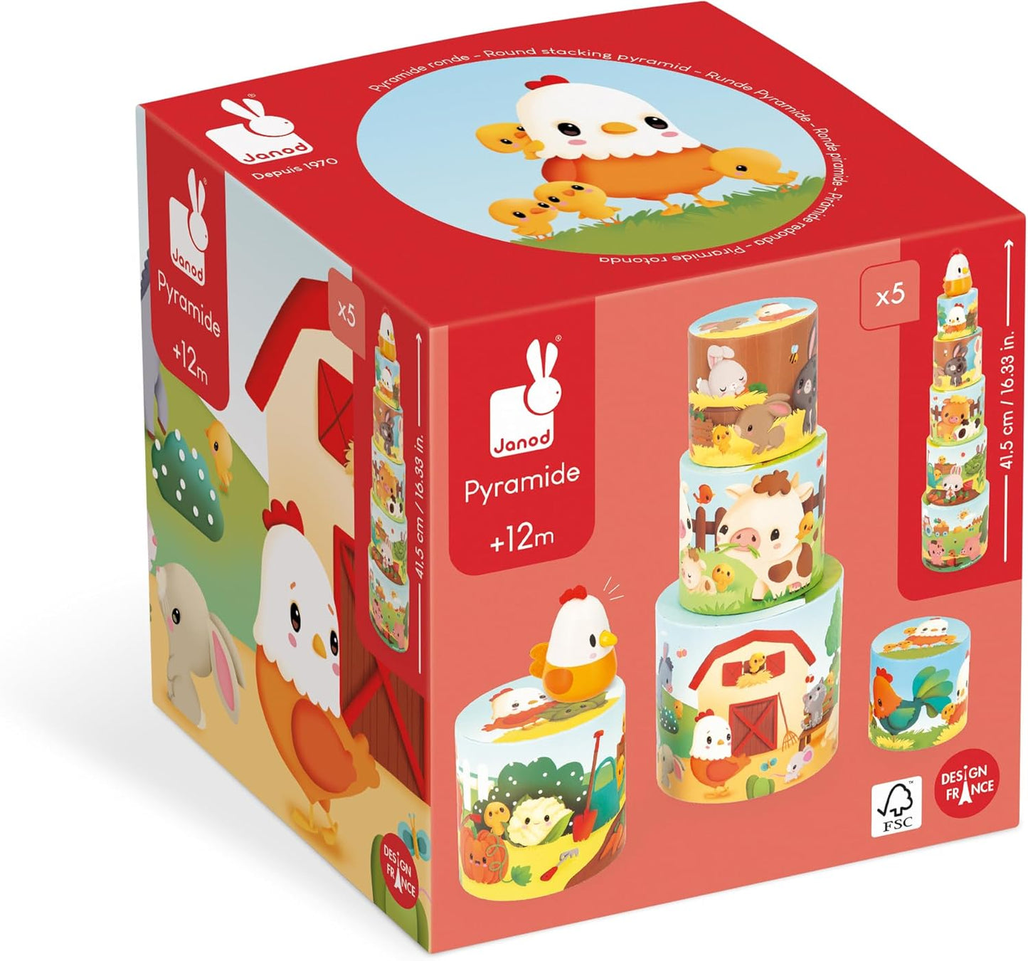 Janod - Minha Primeira Pirâmide - Animais de Fazenda - Brinquedo de Aprendizagem Precoce - 5 Cubos de Empilhamento + 1 Galinha de Madeira - Desenvolve Destreza e Imaginação - 12 Meses +,