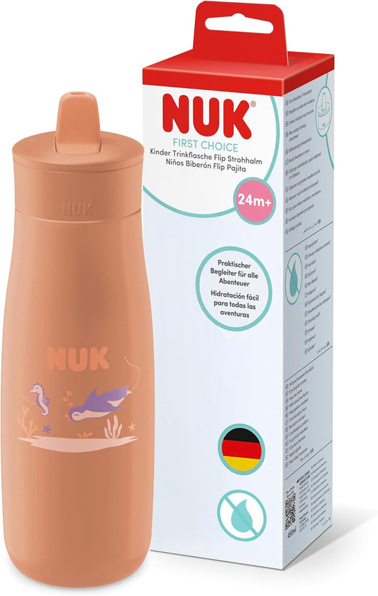 NUK Garrafa de Água First Choice com Canudo Retrátil | 24+ Meses | 450 ml | Canudo Resistente a Mordidas | Garrafa Antivazamento | Pinguim Laranja | 1 Unidade
