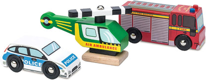 Le Toy Van - Carros e construção Conjunto de veículos de emergência de madeira Conjunto de brinquedos para carros - Conjunto 3 carros | Brinquedos de dramatização para veículos infantis - adequados para crianças de 2 anos +