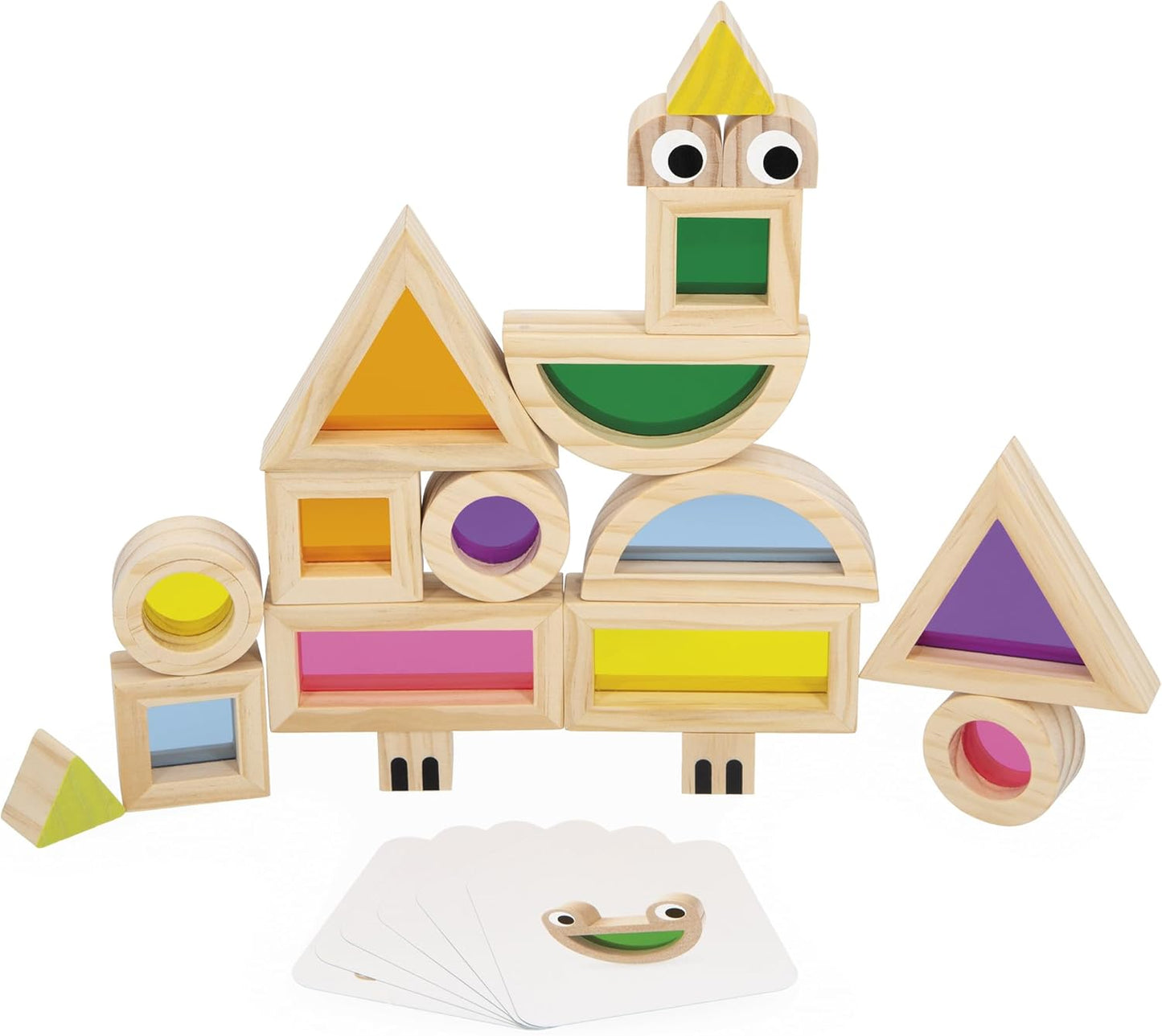 Janod - Blocos de Construção de Madeira - Jogo de Despertar Sensorial - 18 Blocos e 6 Cartões Modelo - Aprendendo Formas e Cores - Desenvolvendo Habilidades Motoras Finas - Madeira