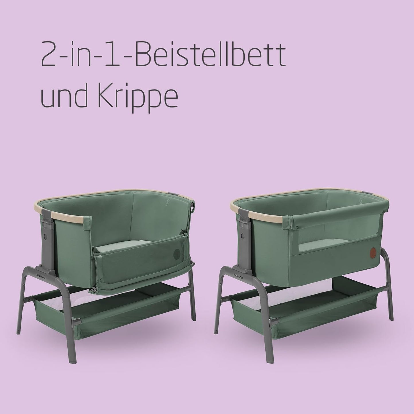 Maxi-Cosi Berço co-leito Iora, berço co-leito dobrável, 0-6 meses, 9 kg máx., 4 inclinações e 5 alturas, sistema deslizante, colchão confortável, cesto grande, fácil de transportar, além do verde