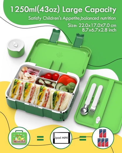 Lehoo Castle Lancheira infantil Bento, lancheira com 5 compartimentos, recipientes de almoço de 1,25L com pote de molho, colher e garfo para meninos e meninas, escola, à prova de vazamentos, sem BPA (dinossauro)