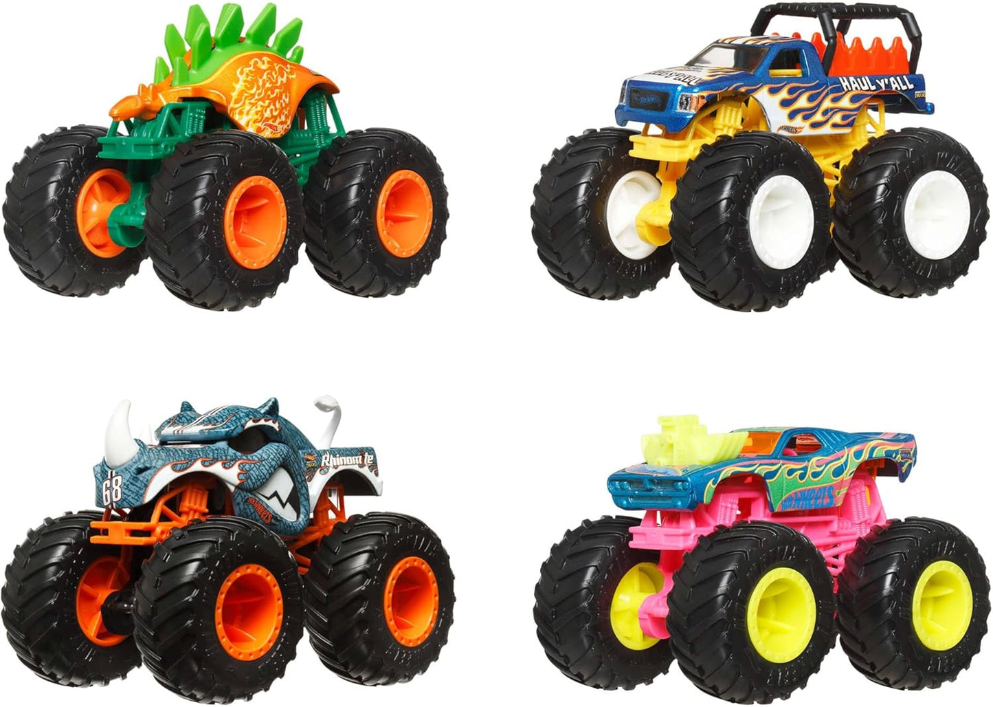 Hot Wheels Monster Trucks, Caminhões de Brinquedo Monster Trucks em Escala 1:64, Conjunto de 4, Rodas Gigantes, Personagens Favoritos e Designs Incríveis, JGD65