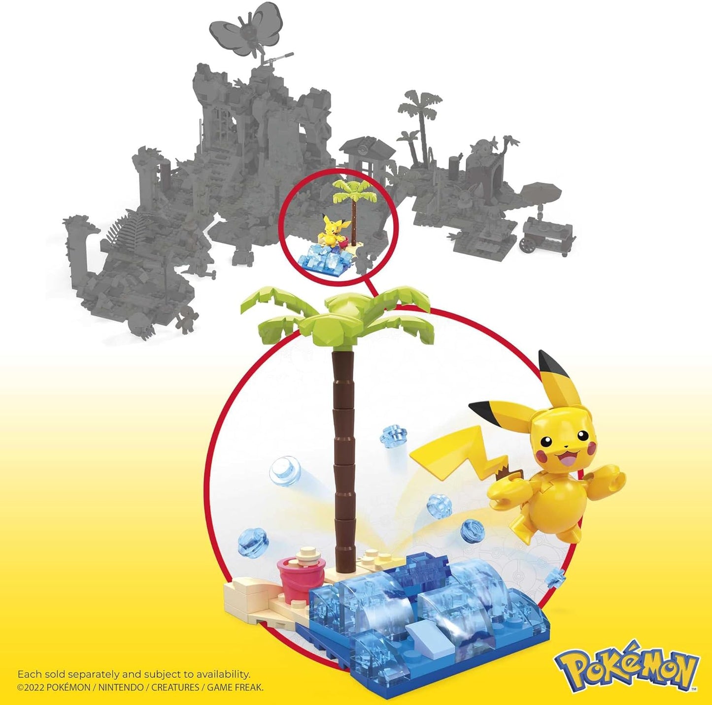 MEGA Conjunto de construção Beach Splash do Pokémon Pikachu com 79 tijolos e peças compatíveis que se conectam a outros mundos, conjunto de presente de brinquedo para maiores de 7 anos, HDL76