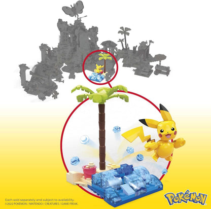 MEGA Conjunto de construção Beach Splash do Pokémon Pikachu com 79 tijolos e peças compatíveis que se conectam a outros mundos, conjunto de presente de brinquedo para maiores de 7 anos, HDL76