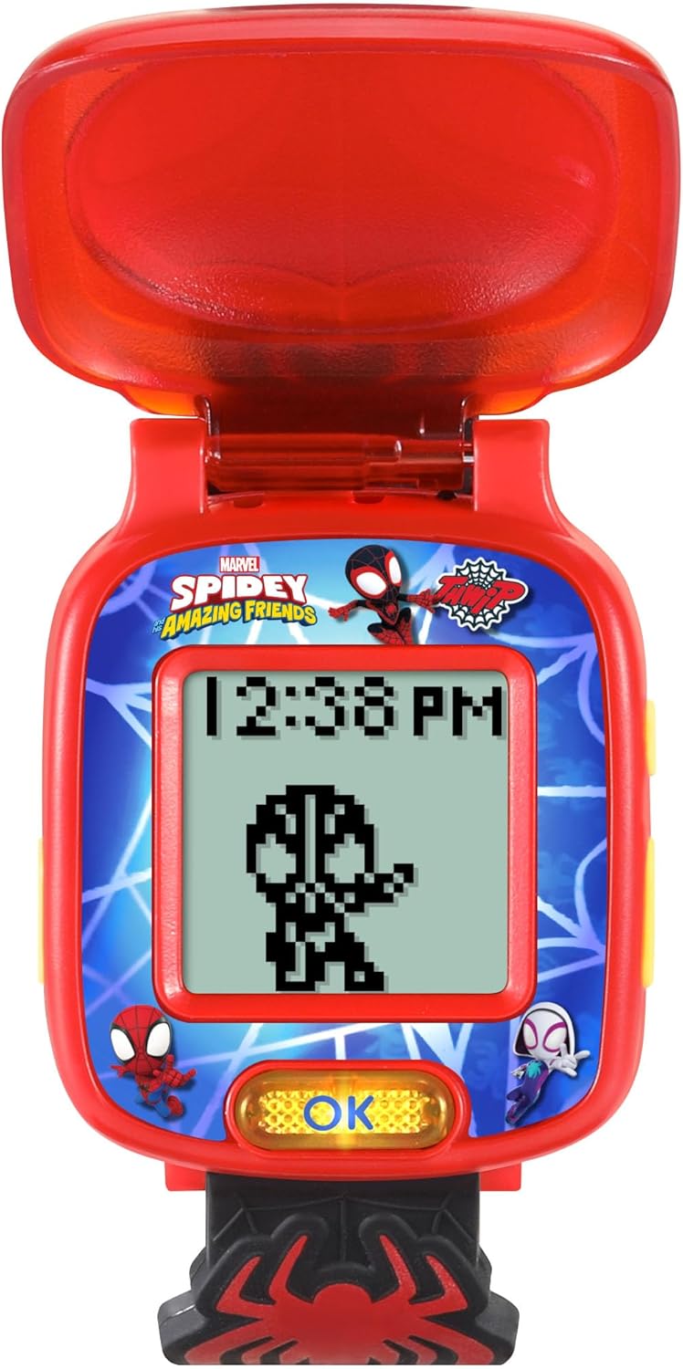 Relógio de Aprendizagem Giratório VTech Homem-Aranha e seus Incríveis Amigos, Relógio Oficial do Homem-Aranha com 4 Jogos Divertidos, Tela LCD, 9 Mostradores Digitais, Indicado para Crianças de 3, 4, 5+ Anos, Versão em Inglês