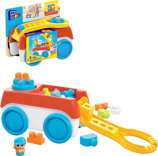 MEGA Brinquedo de construção infantil BLOKS Fisher-Price, vagão giratório de blocos com 20 peças e armazenamento, 1 figura, ideias de presentes para crianças de 1 ano ou mais, HHN00