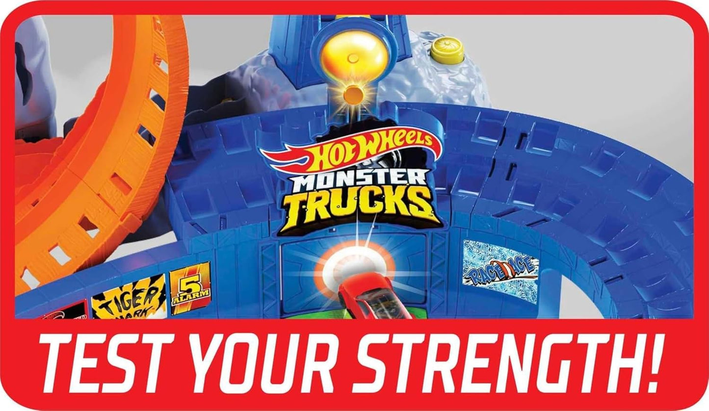 Hot Wheels Monster Trucks, Conjunto Vulcão T-Rex com Luzes e Sons, Inclui Caminhão Monstro Race Ace em Escala 1:64 e Carrinho de Brinquedo Die-Cast em Escala 1:64, GYL14