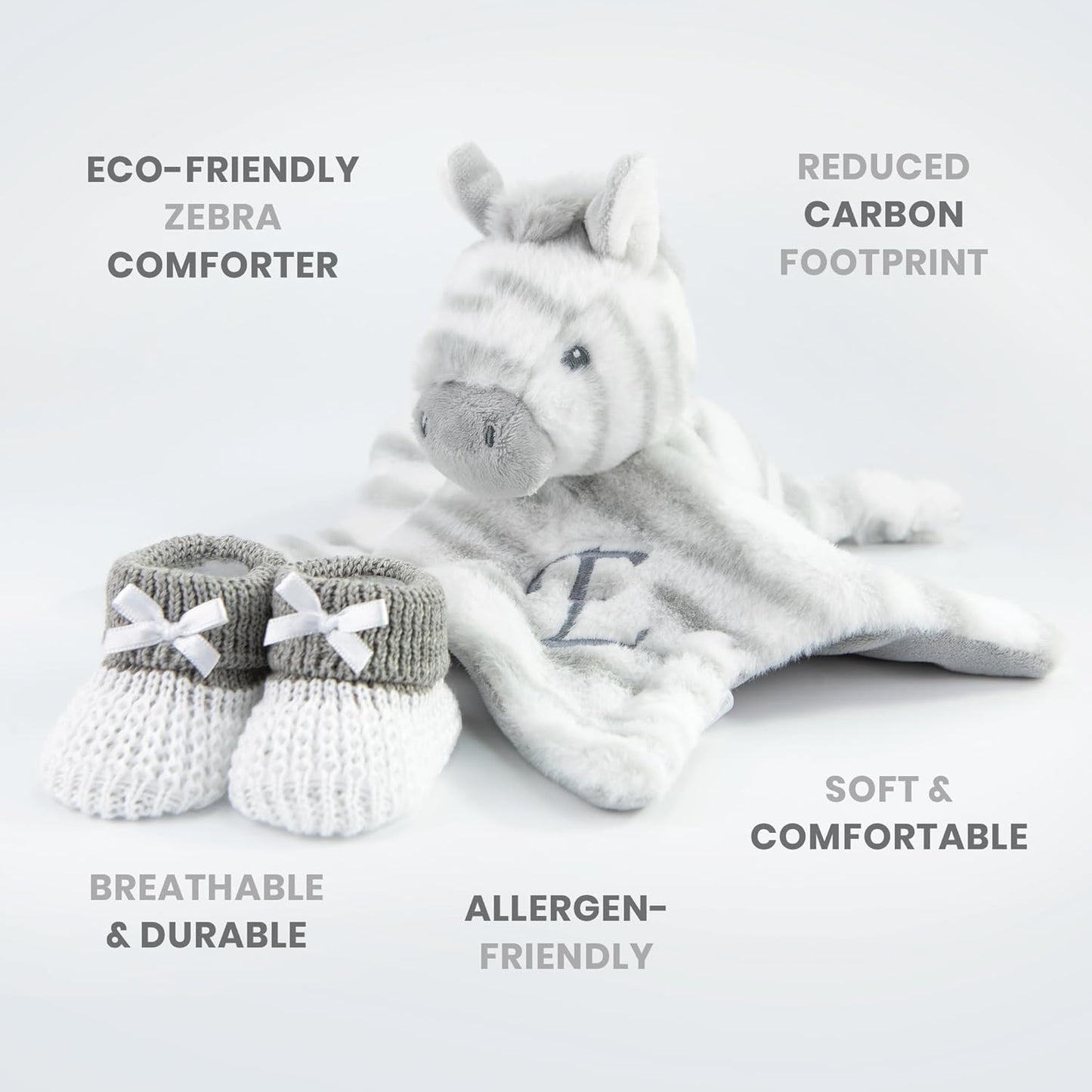 Baby Box Shop - Presentes personalizados para bebês - Cobertor de bebê personalizado e edredom de bebê zebra personalizado com botinhas de algodão cinza e branco, ideais para presentes de batizado