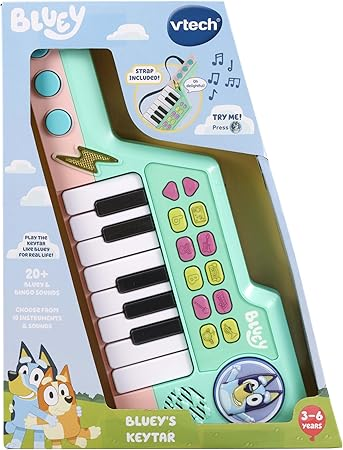 VTech Bluey Keytar, brinquedo Bluey oficial com 5 sons de instrumentos, frases, efeitos sonoros e melodias, brinquedo musical interativo para crianças de 3, 4, 5 anos ou mais, versão em inglês
