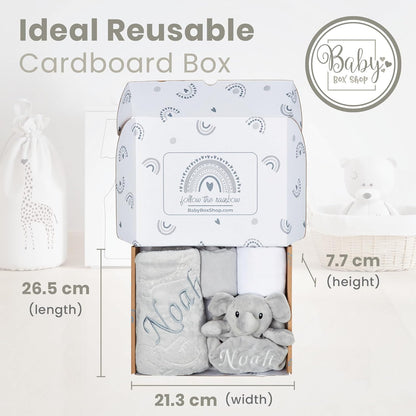 Baby Box Shop - Presentes personalizados para meninos, presente ideal para batizado: cobertor de lã, Baby Box Shop - 5 itens essenciais para recém-nascidos, ideais como presentes para chá de bebê e batizado, panos de musselina e presentes