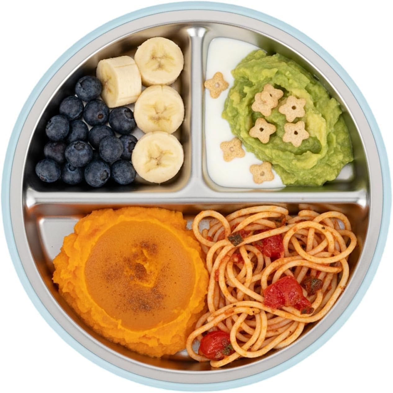 PandaEar Conjunto de 3 Pratos Infantis em Aço Inoxidável com Ventosa e Tampa, Antiderrapantes e com Capa de Silicone, para Crianças e Bebês, Inquebráveis e Sem Sujeira (Azul, Verde e Marrom)