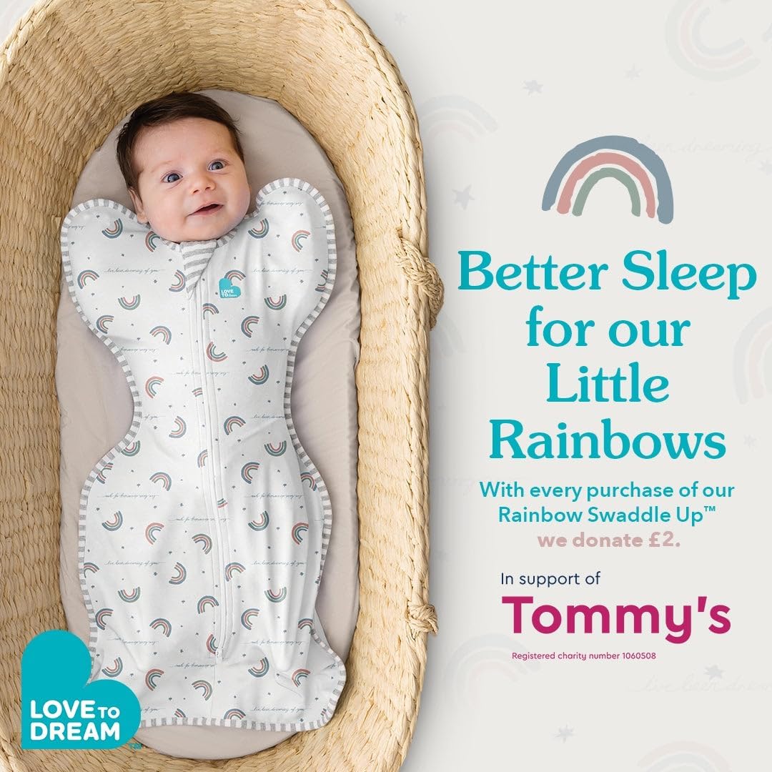 Love To Dream™ Swaddle UP™, Recém-nascido 2,2–3,8 kg – Sonho Arco-Íris | Ajuste perfeito, promove uma rotina de sono saudável | 1,0 Tog Ideal para primavera e verão (20–24 °C) | Algodão lavável à máquina e zíper duplo