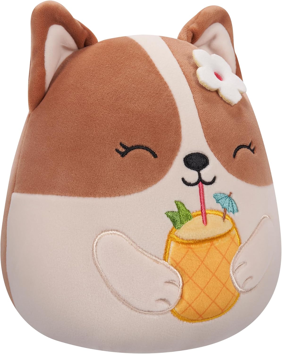 Squishmallows Original 7,5 Polegadas - Regina the Brown and White Corgi com Bebida de Abacaxi e Flor