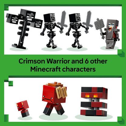 LEGO Minecraft Batalha Wither - Brinquedo Interativo com Guerreiro Carmesim, Andarilho, Cubo de Magma e 2 Figuras de Esqueletos Wither - Presente para Jogadores a partir de 8 Anos - 21590